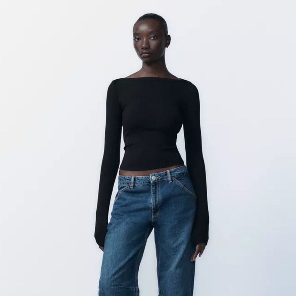 Zara Women's Crop Ribbed Knit Sweater in Black Size SMALL